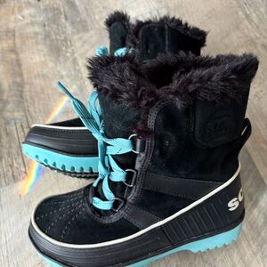 SOREL Girl's Size 3 Blk/Teal Lace Up Faux Fur Lined Snow Boots